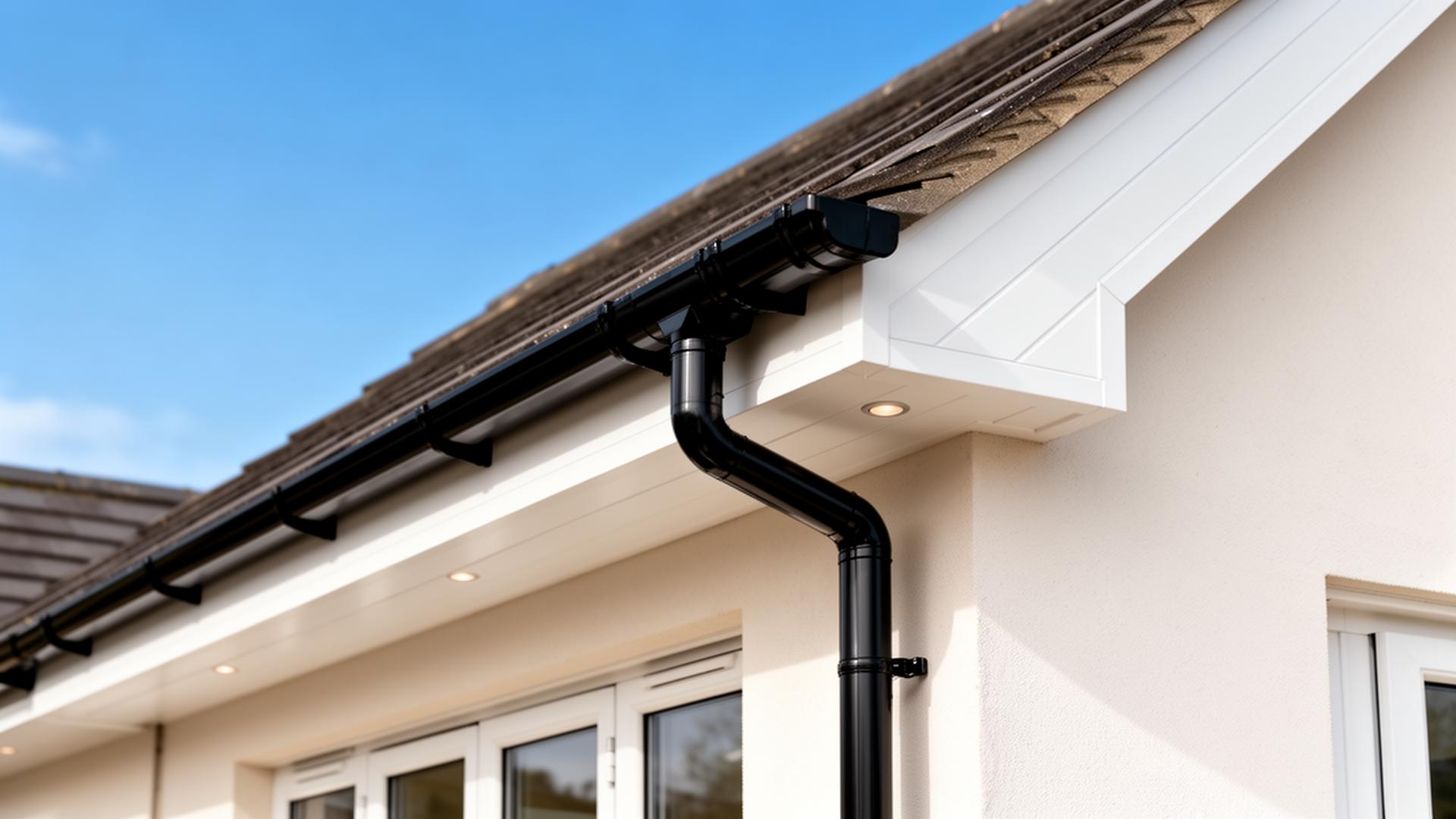 Newly fitted white uPVC fascia, soffit and black guttering on a UK home